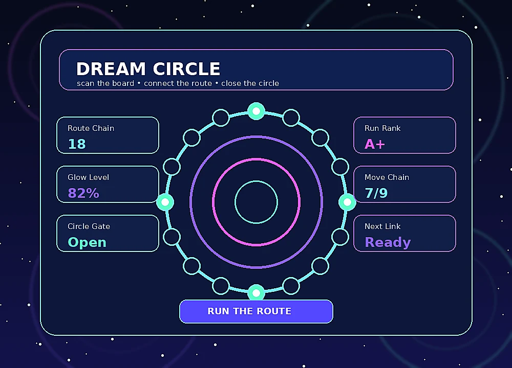 Dream Circle glowing route game interface with circular board and round panels